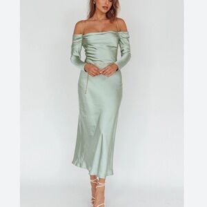 Sage Green Satin Off-Shoulder Long Sleeve Midi Dress #140